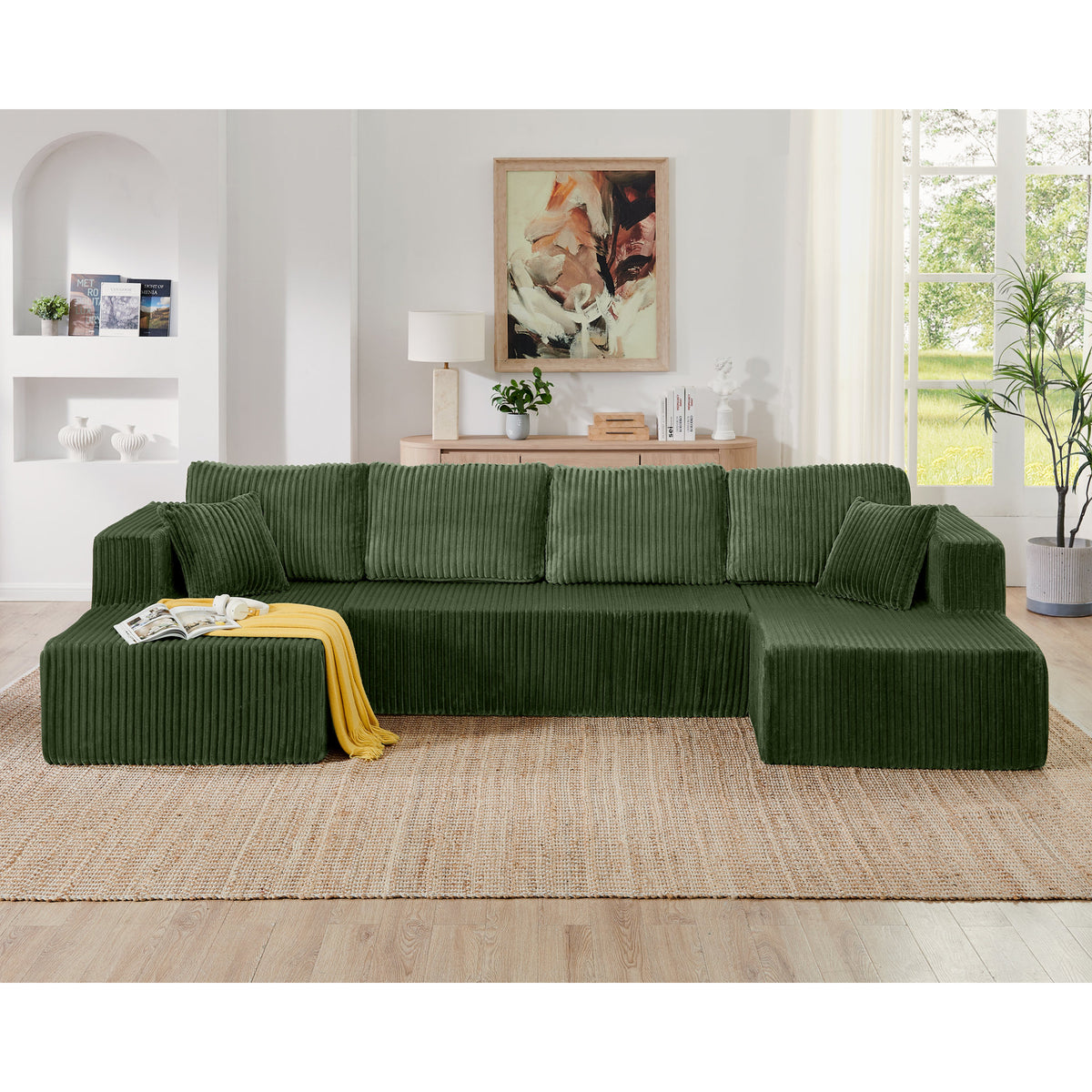 U shape Modular Sectional Sofa, Compressed Sectional Sofa Modern Minimalist Style Corduroy Couch, Sleeper Sofa – Green