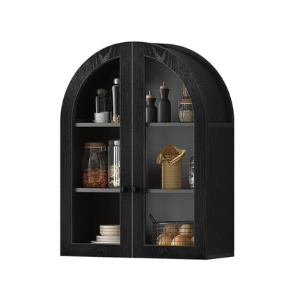 Arched Wall Mounted Cabinet, Wood Veneer Wall Storage Cabinet with Tempered Glass Doors, Adjustable Shelf, Easy Hanging Hardware Included, Decorative Floating Wall Cabinet for Laundry Room, Black