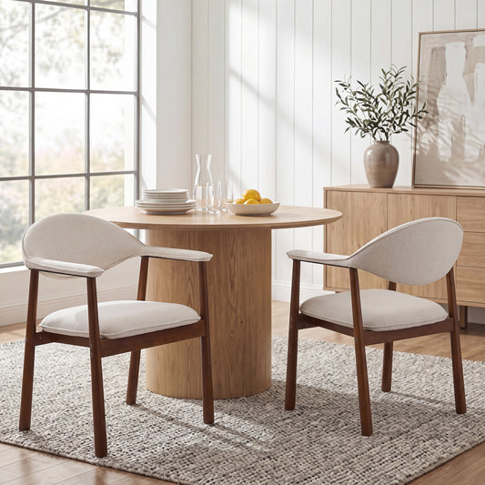 Modern Upholstered Dining Chairs with Curved Back, Beige Fabric & Walnut Finish Rubber Wood, Set of 2