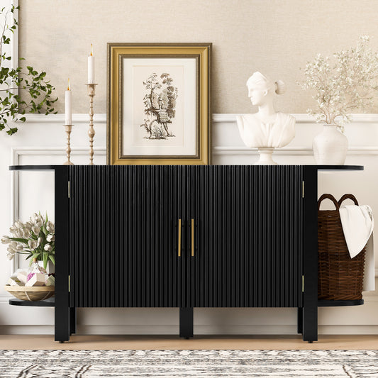 U_Style Pine Wood Buffet Cabinet With Double-layer Curved Extension Shelf,Mid Century Modern Sideboard Cabinet With Vertical Wave Texture , Large Sofa Table With Metal Handle For Dining Room,Kitchen