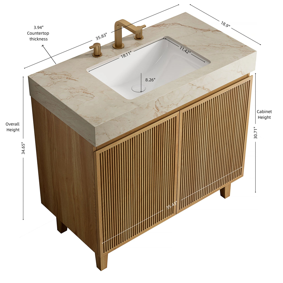 LULA 36" Bathroom Vanity&Sink,Freestanding Cabinet,Cream Gold Vein Sintered Stone Top&Ceramic Basin with 3 Pre-drilled Faucet Holes,Disassembled,NO Faucet and Drain Set, Natural Woodgrain Color