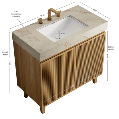 LULA 36" Bathroom Vanity&Sink,Freestanding Cabinet,Cream Gold Vein Sintered Stone Top&Ceramic Basin with 3 Pre-drilled Faucet Holes,Disassembled,NO Faucet and Drain Set, Natural Woodgrain Color