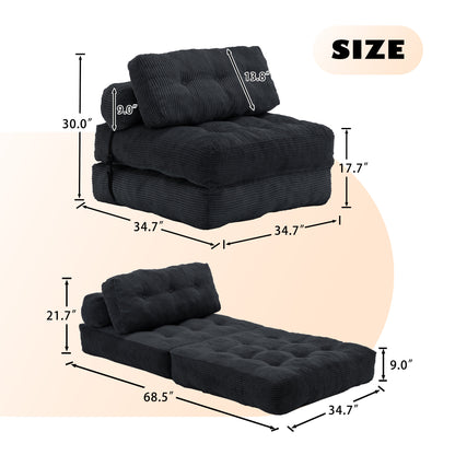 Folding Sofa Bed, Convertible Sleeper Chair with Pillow Foldable Mattress with Back Support, Portable Fold Out Chair Bed Comfy Floor Sofa Lounge for Living Room Bedroom, Black , Single