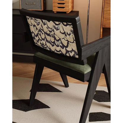 Mid-Century Modern Solid Wood Armchair with Upholstered Pattern Back and Padded Seat, Vintage Accent Chair / Dining Desk Chair for Living Room, Bedroom, Home Office