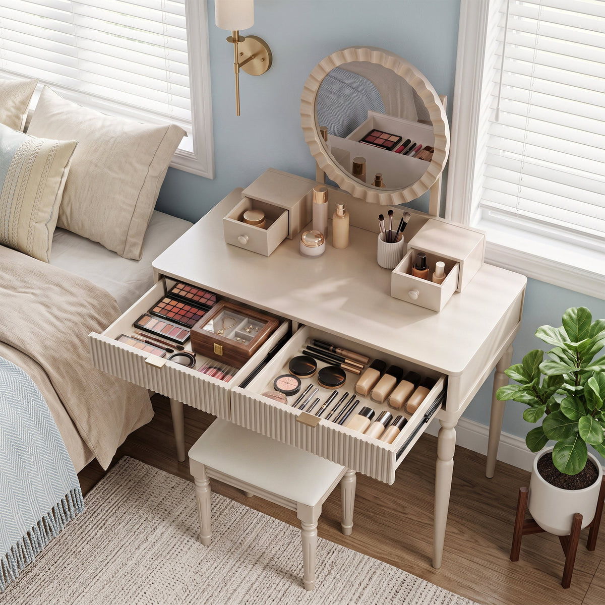 Luxury Vanity Desk with Round Mirror,Height-Adjustable, Stylish Dressing Table Set, 4 Drawers & Stool, Champagne