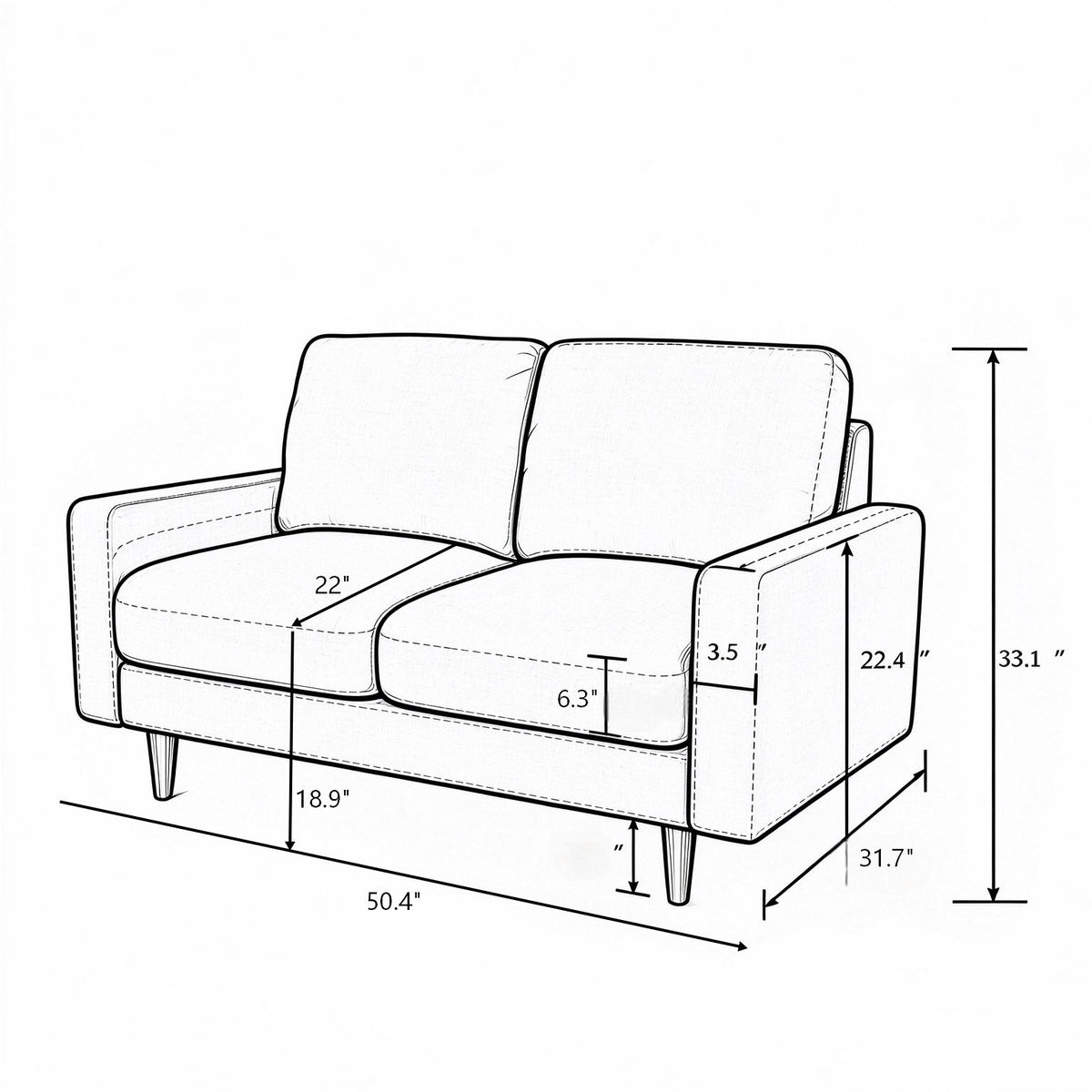 Modern 2‑Seat Loveseat Sofa, Polyester Fabric Couch, Without Accent Pillows, Loose Back Cushion for Small Space Living Room