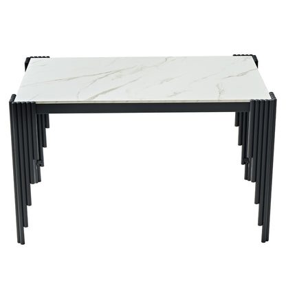 Modern 49" Rectangular Dining Table, White Marble-Look MDF Top with Black Metal Legs, Space-Saving Kitchen Desk for Small Apartments, Easy Assembly