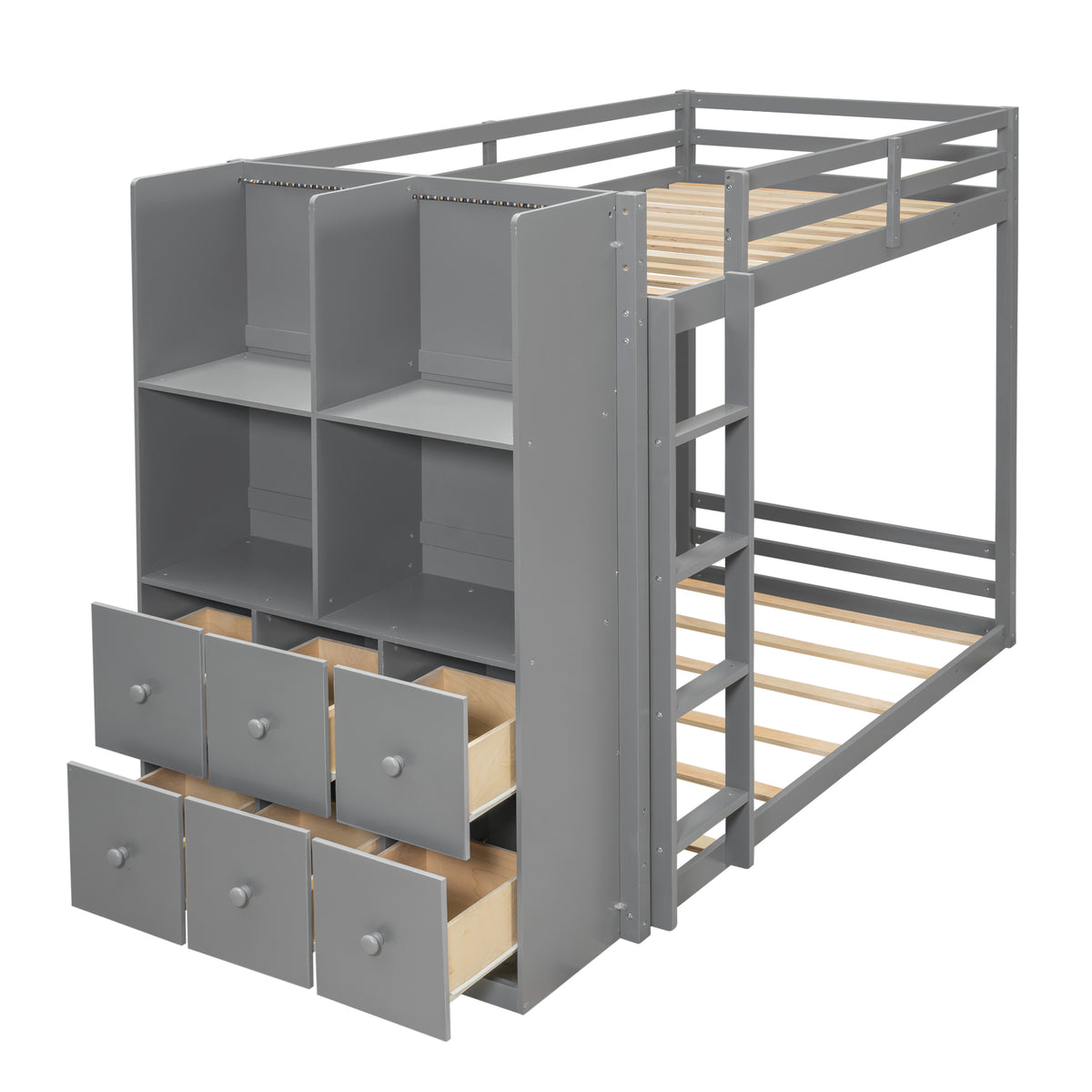 Twin Size Bunk Bed with Drawers, Shelves and Light, Gray