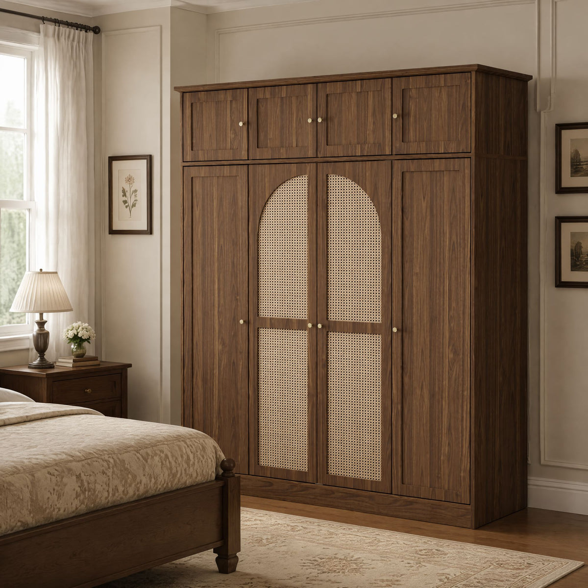 70.87"Tall 8-Door Large Capacity Armoire Wardrobe Closet with Hanging Rod, Adjustable Shelves and Rattan Decorative Doors, Clothing Storage Cabinet for Bedroom, walk-in closet, Living Room, Walnut