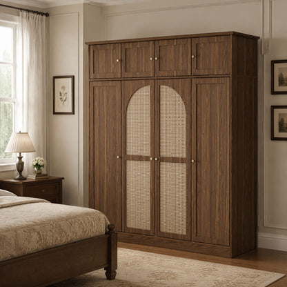70.87"Tall 8-Door Large Capacity Armoire Wardrobe Closet with Hanging Rod, Adjustable Shelves and Rattan Decorative Doors, Clothing Storage Cabinet for Bedroom, walk-in closet, Living Room, Walnut