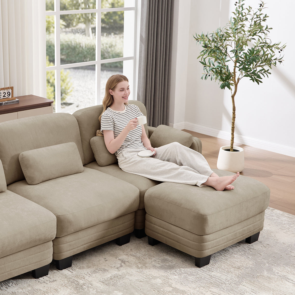 Channel Tufted Design Modern Minimalist Modular Sectional Loveseat Sofa, 2-Seater Couch with Thick Comfortable Seat Cushions, Suitable for Living Room, Bedroom and Apartment, Camel Chenille