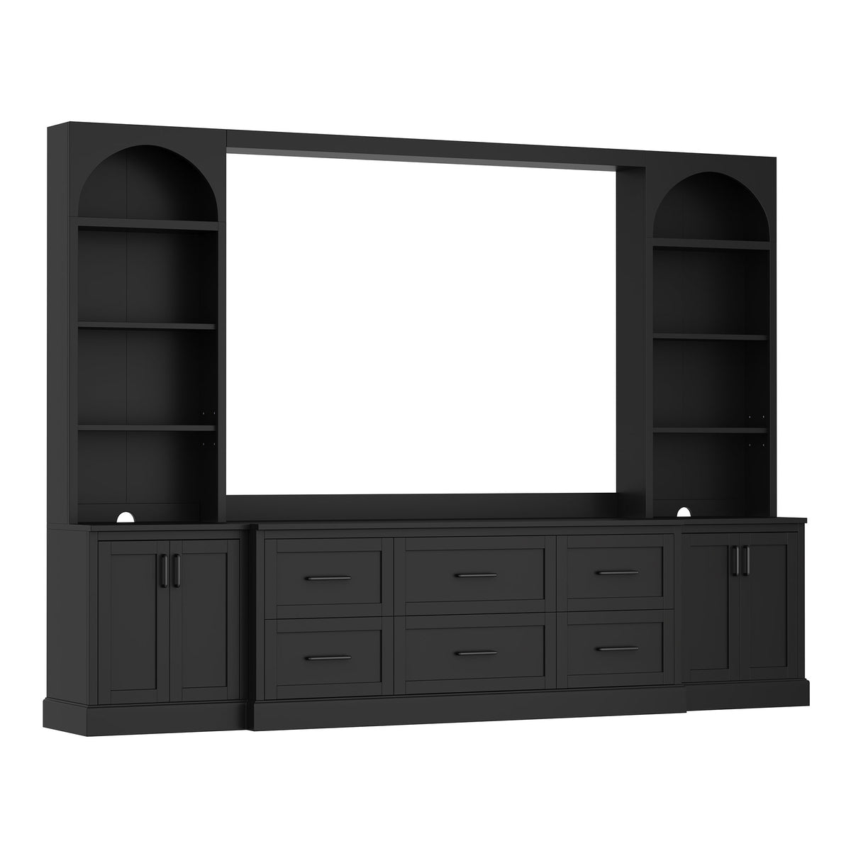 Modern Arched Entertainment Center Wall Unit with 6 Drawers, Farmhouse Large TV Stand with Bookshelves for TVs Up to 70', All-in-One Media Console with Adjustable Shelves for Living Room, Black