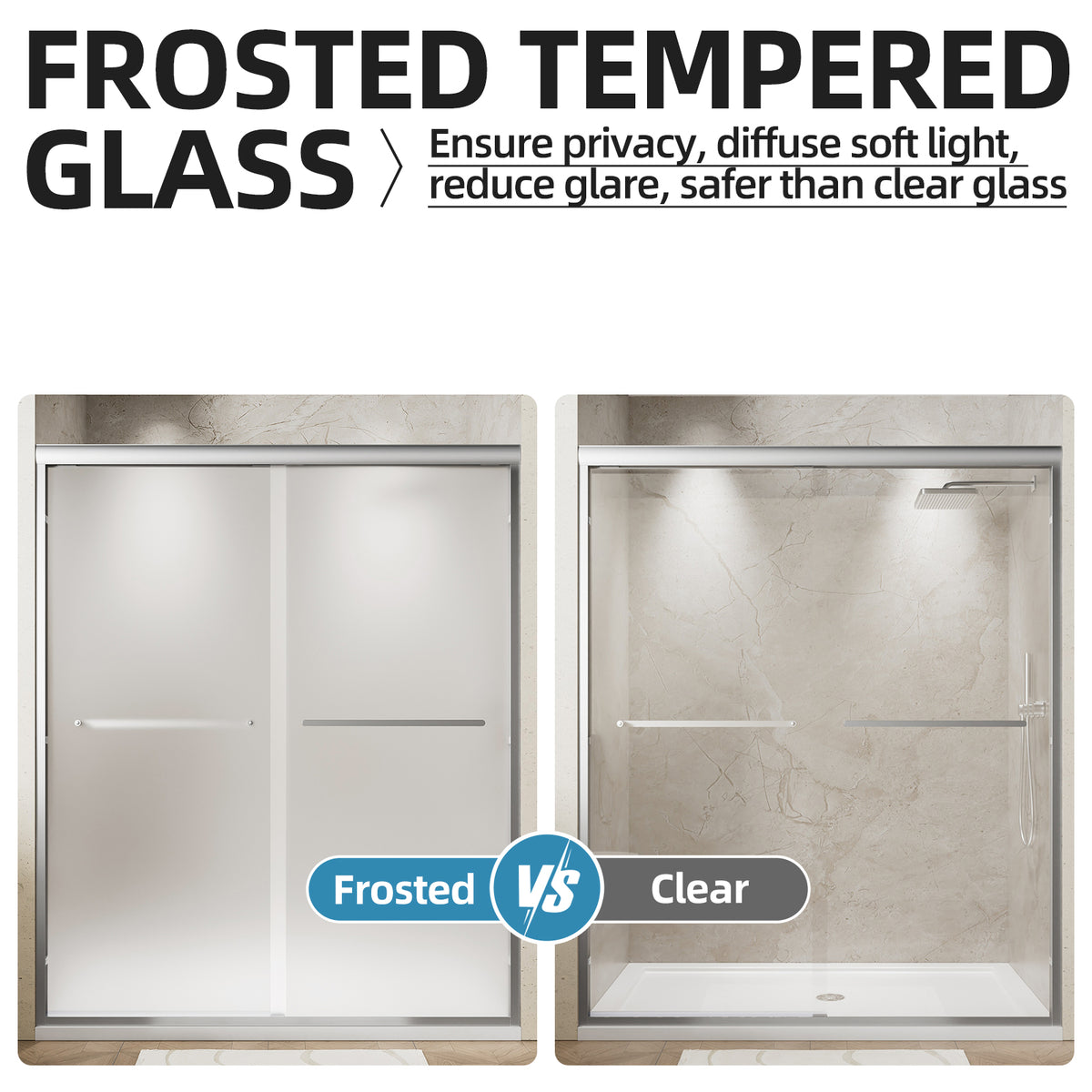 56-60" W x 72" H Framed Double Sliding Shower Door, 1/4" (6mm) Frosted Ultra-Clear Tempered Glass with nano self-cleaning coating, Brushed Nickel Finish, Reversible Installation