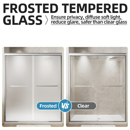 56-60" W x 72" H Framed Double Sliding Shower Door, 1/4" (6mm) Frosted Ultra-Clear Tempered Glass with nano self-cleaning coating, Brushed Nickel Finish, Reversible Installation