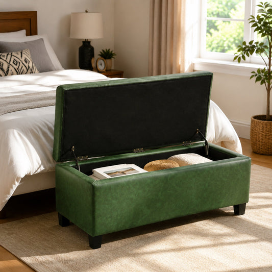 Storage Ottoman with Flip-Top Lid, Easy Assembly, PU Fabric & Rubber Wood Legs, Green