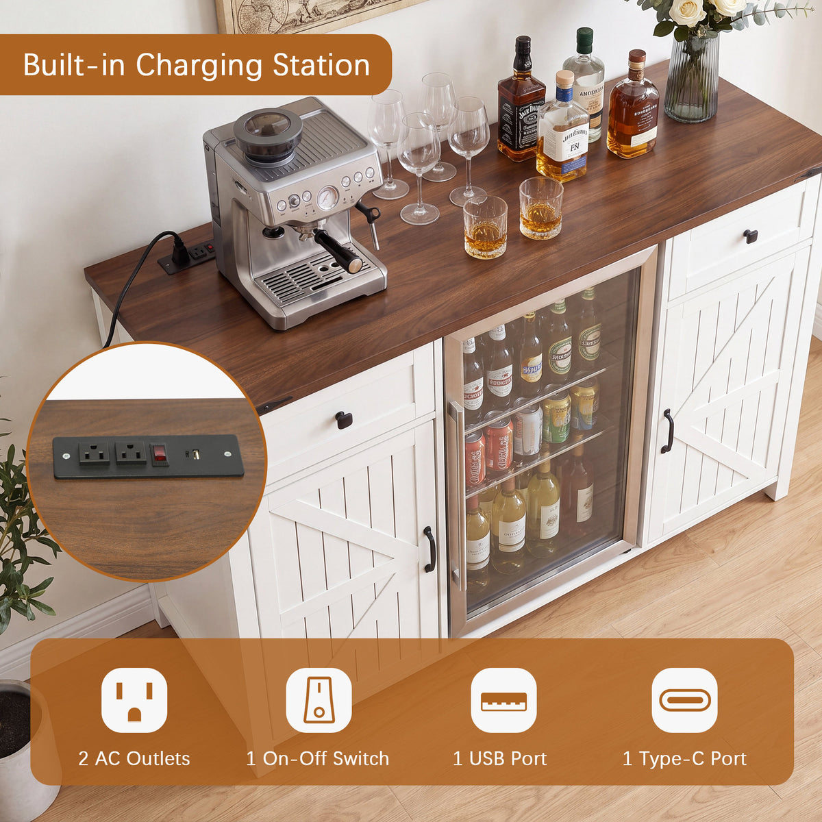 Farmhouse Coffee Bar with Mini Fridge Space & Built-in Charging Station,Large Bar Cabinet with Drawers & Adjustable Shelves for Kitchen, Dining Room, or Living Room, White