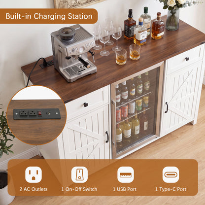 Farmhouse Coffee Bar with Mini Fridge Space & Built-in Charging Station,Large Bar Cabinet with Drawers & Adjustable Shelves for Kitchen, Dining Room, or Living Room, White