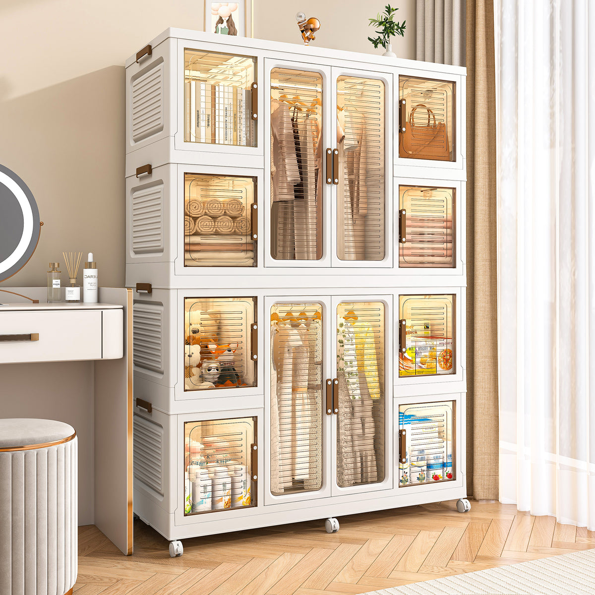 Portable Wardrobe Closet Storage Organizer for Clothes with Magnetic Doors, 12 Cubes & 2 Hanging Rods, White