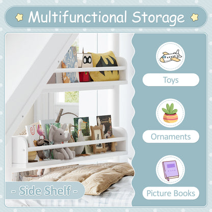 Twin size metal loft/bunk bed with basketball hoop, pull-up rings, climbing wall, and built-in bookshelves. Playful children's design featuring a slide,White.