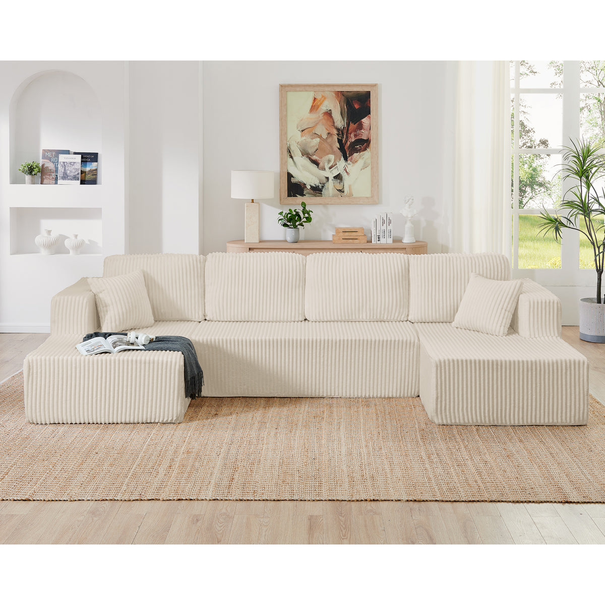 U shape Modular Sectional Sofa, Compressed Sectional Sofa Modern Minimalist Style Corduroy Couch, Sleeper Sofa – Beige