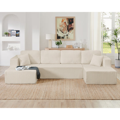 U shape Modular Sectional Sofa, Compressed Sectional Sofa Modern Minimalist Style Corduroy Couch, Sleeper Sofa – Beige