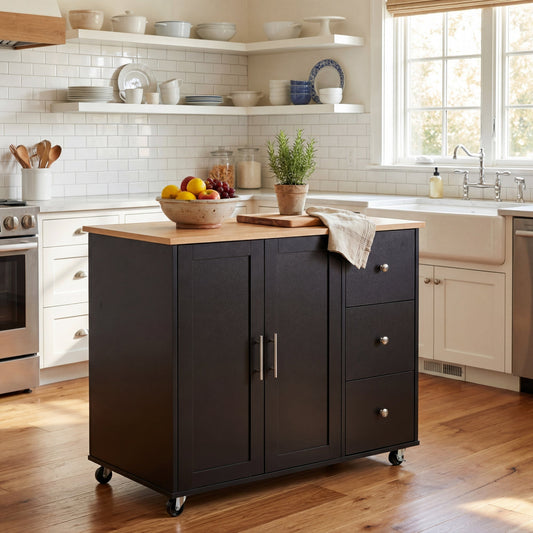 Mobile Kitchen Cart with Storage, 39.76'' Rolling Kitchen Island with 2 Doors, 3 Drawers & Adjustable Shelf, Black Utility Cart for Kitchen/Dining Room