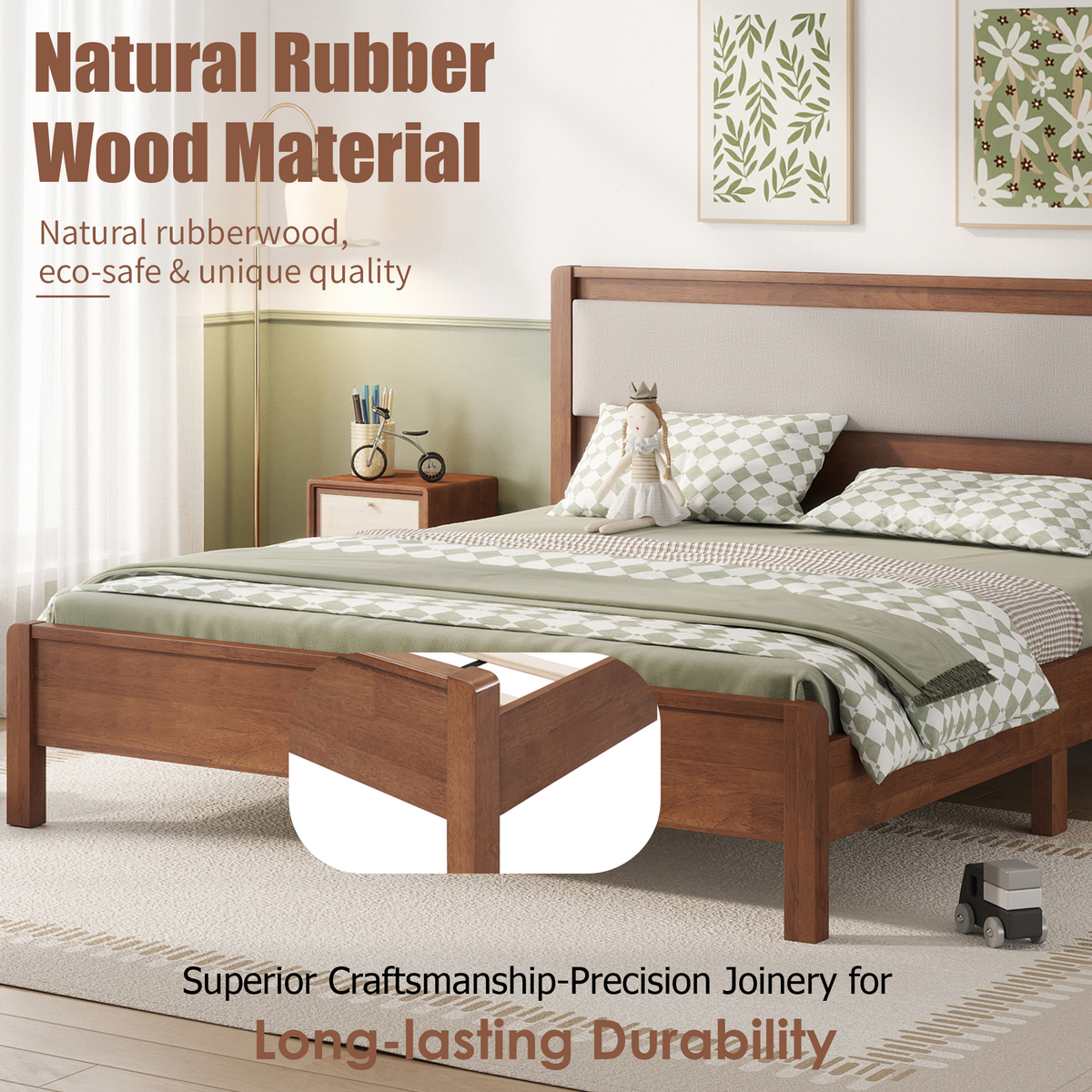 Queen Size, Solid Rubber Wooden Bed with Upholstered Headboard, Reinforced by Central Support Legs,Brown