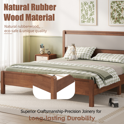 Queen Size, Solid Rubber Wooden Bed with Upholstered Headboard, Reinforced by Central Support Legs,Brown