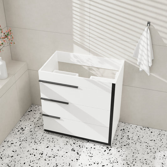 30" Modern Freestanding Bathroom Vanity with Ceramic Sink, 3 Soft-Close Drawers, White & Black Contrast Finish, Customizable Artistic Metal Handles, MDF Cabinet(No Sink)