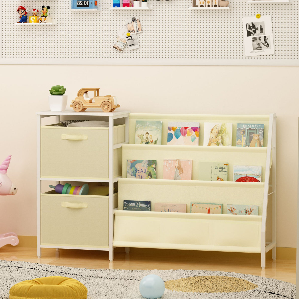Kids Bookshelf with 3-Tier Front-Facing Book Display, 2 Storage Bins and Bottom Cabinet, Children's Bookcase Organizer for Bedroom, Playroom and Nursery