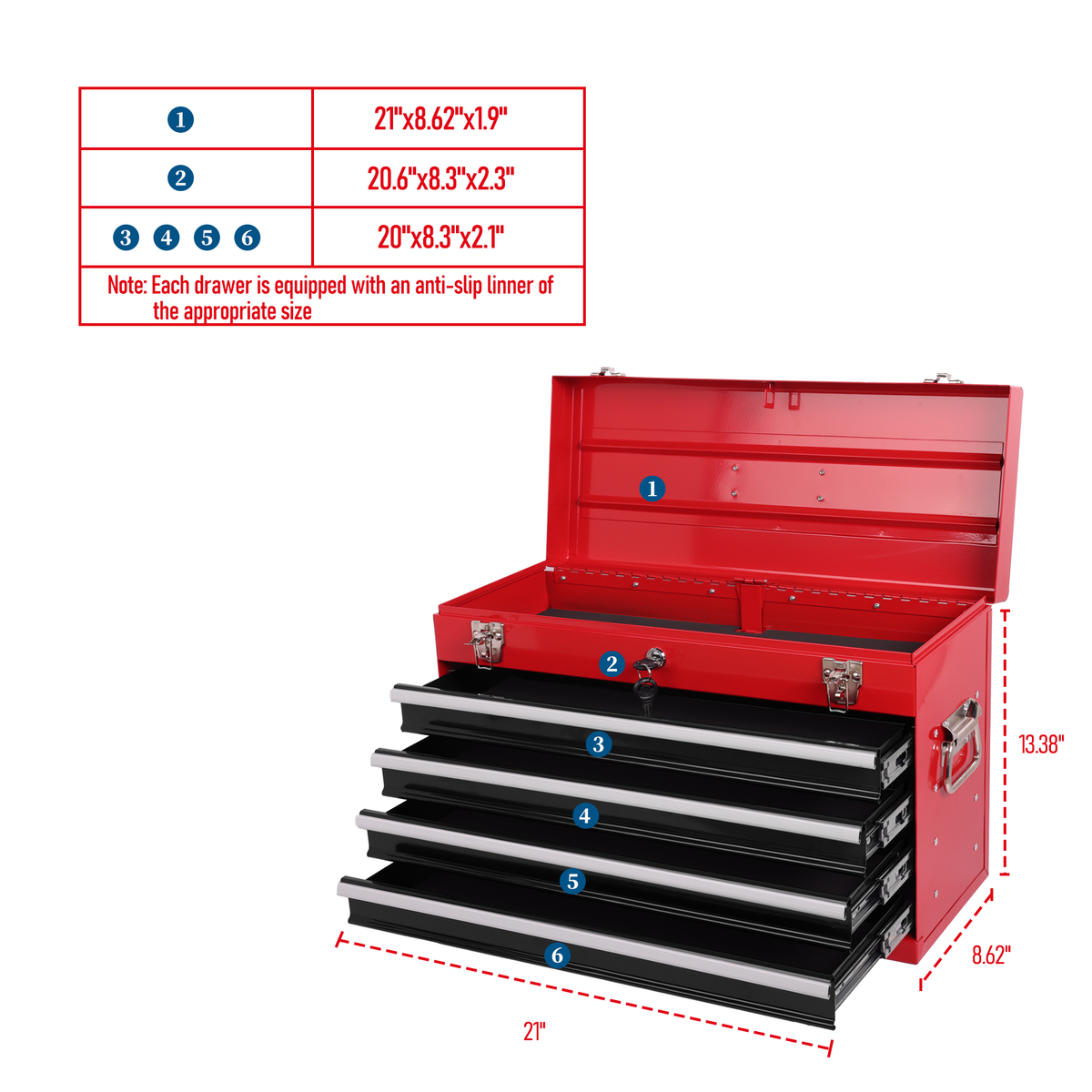 Heavy Duty Metal Tool Box, 21-inch, Portable Metal Tool Box with 4 Drawers, Small Tool Chest with EVA Liners – Model W2660P422139