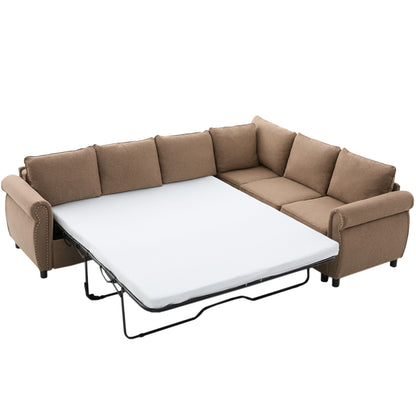 [NEW ARRIVED] [VIDEO PROVIDED] Sleeper Sofa, 2 in 1 Pull Out Couch Bed,6 seater sofa bed, L Shaped Sleeper Sectional Sofa Couch,Riveted sofa,104'' Large combined sofa Bed in living room, Brown