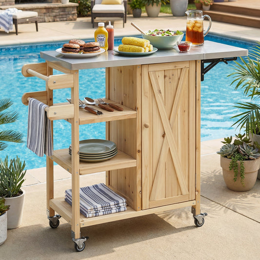 Foldable Outdoor Kitchen Island with Stainless Steel Top and Fir Wood Frame, Natural Finish