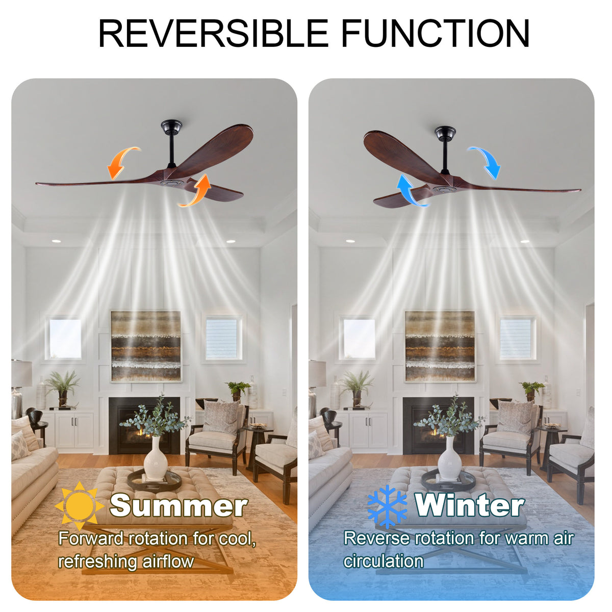 72 Inch Ceiling Fan with 3 Solid Wood Blades, Reversible Quiet DC Motor, Remote Control, Modern Farmhouse Ceiling Fan for Large Living Room Villa Indoor