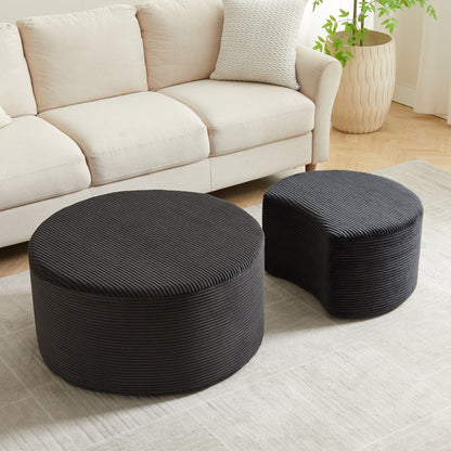 Modern Upholstered Round Coffee Table Set of 2 in Black, Corduroy Fabric, No Assembly, Perfect for Living Room or Bedroom