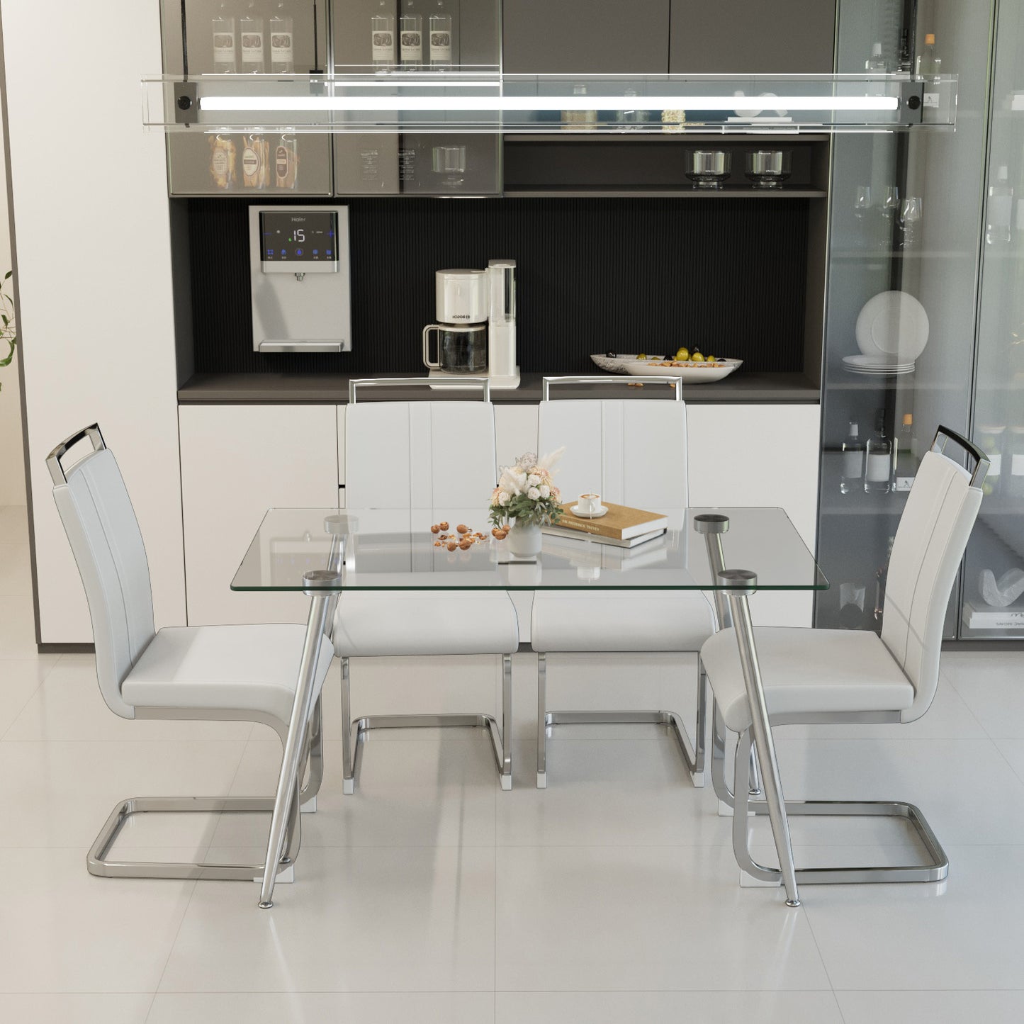 51 inch Glass Dining Table Set for 4, Dining Table & Chair Sets with Silver Plating Legs for Kitchen, Modern Rectangle Tempered Glass Table Top and  PU Dining  armless Chair for Dining Room