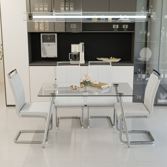 51 inch Glass Dining Table Set for 4, Dining Table & Chair Sets with Silver Plating Legs for Kitchen, Modern Rectangle Tempered Glass Table Top and  PU Dining  armless Chair for Dining Room