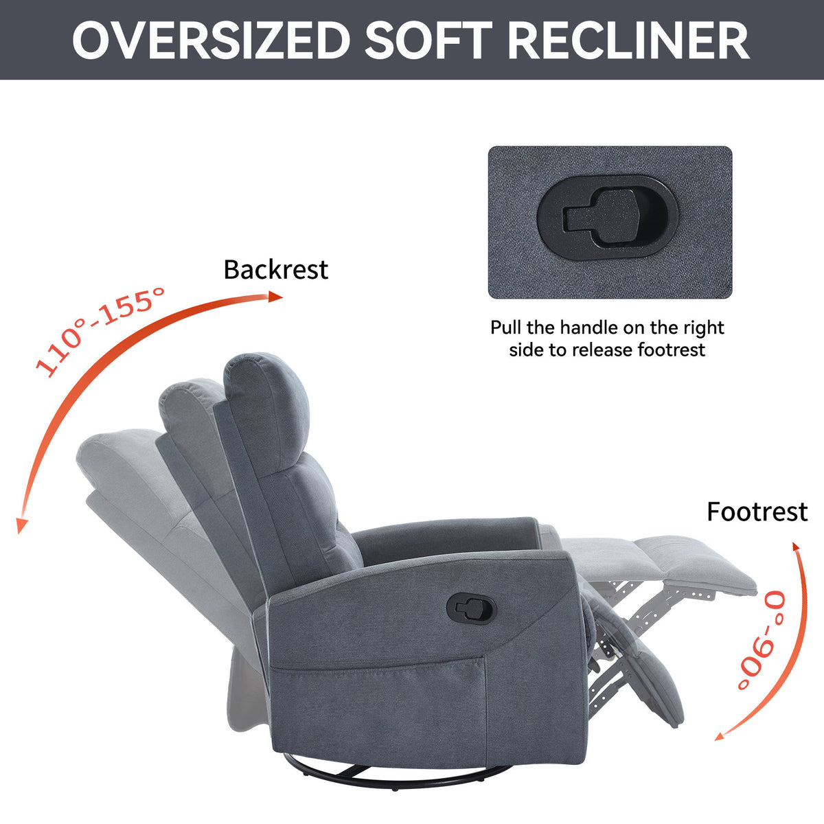 Manual Recliner Chair with Rocker and Swivel in Fabric, Grey
