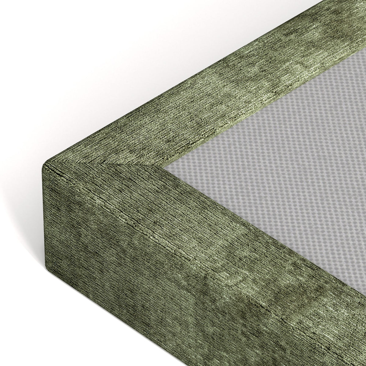 AirFrame Upholstered Bed Frame, a low, cloud-style bed frame with a double-layered upholstered headboard, 360° soft foam edging, and a metal base; easy to assemble; Queen size, Green