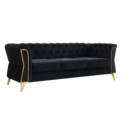Modern Tufted Velvet Sofa 87.4 inch for Living Room Black Color