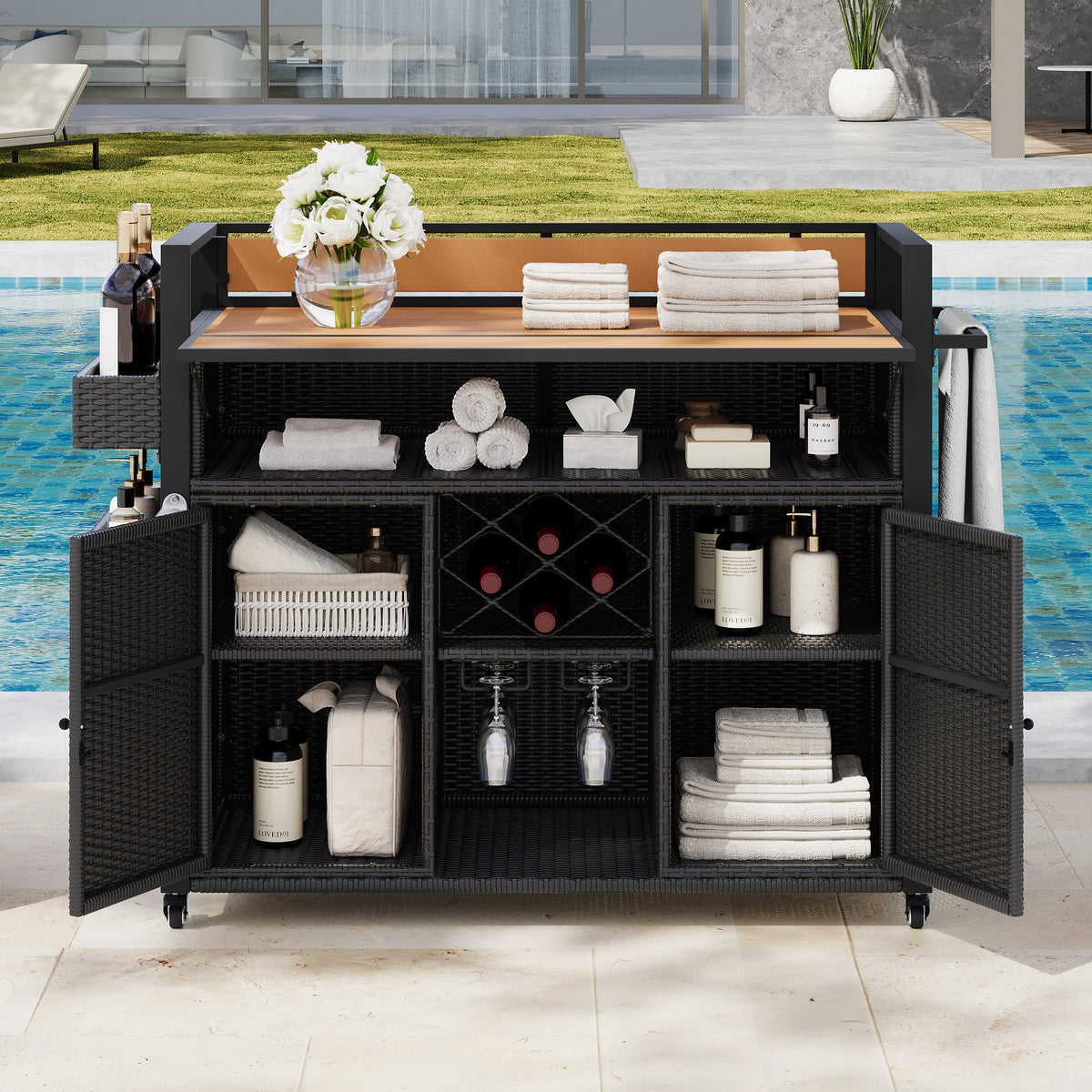 K&K 52.8'W Wicker Outdoor Grill Cart with Extended Plastic Wood Table Top, Rolling Kitchen Island on Wheels with Storage Cabinet, for Patio Backyard Garden Poolside, Double Handle Design, Black Brown