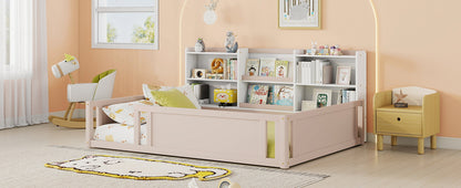 Full Size Wooden Platform Floor Bed with Guardrail Fence and Convenient Side Storage Shelves, Space-Saving Kids Bed Frame,Nude and White