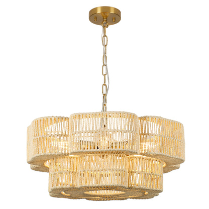 21.65" 2-Tier Gold Paper Rope Chandelier, 6xE26 Max 60W Pendant Light with Adjustable Hanging Chain