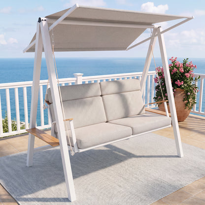 Outdoor Patio 3 seaters Metal Swing Chair Swing bed with Cushion and Adjustable Canopy Champagne Color