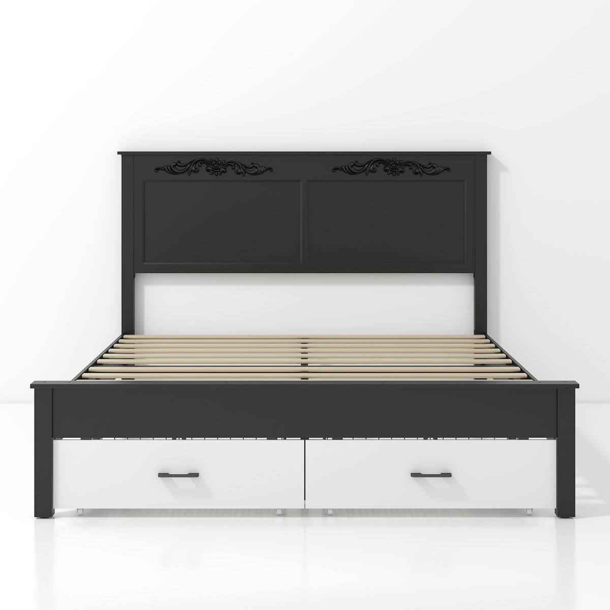 Queen size Rustic farmhouse-style furniture, sturdy frames, noise-free design, under-bed storage space, easy assembly, white + black.