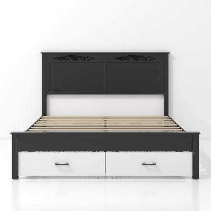 Queen size Rustic farmhouse-style furniture, sturdy frames, noise-free design, under-bed storage space, easy assembly, white + black.