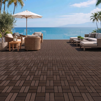 Interlocking WPC Deck Tiles 11.8"x11.8", Wood Plastic Composite Patio Floor Tiles, Waterproof Drainage Outdoor Flooring for Balcony, Backyard, Poolside, 25 Pack,-8 panel,(dark brown)