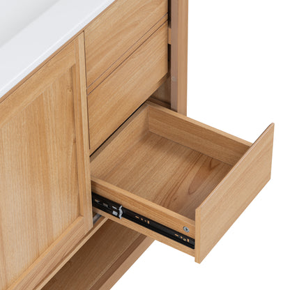 [Video] 36" Bathroom Vanity with Ceramic Sink, Bathroom Cabinet with Drawers, Solid Wood Legs, Soft-close Slides, Single Package, Natural