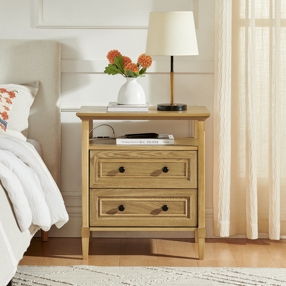 Wooden Bedside Nightstand with Open Cubby & 2 Storage Drawers, Freestanding Bedroom Side Cabinet for Bedside & Living Room Use