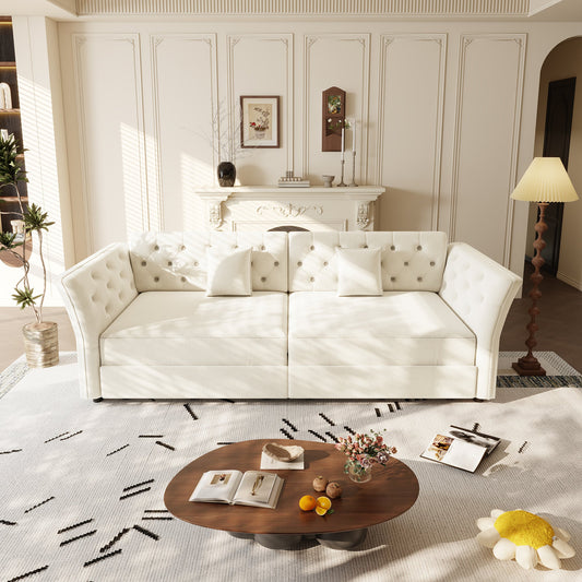 100"  Oversize Pull Out Sofa Bed,  Convertible Sleeper Sofa with Handmade Fabric Flower Tufted Design,Multi-Functional Velvet Loveseat Bed for Living Room,Bedroom,Beige/White(old sku:W1885S00301)